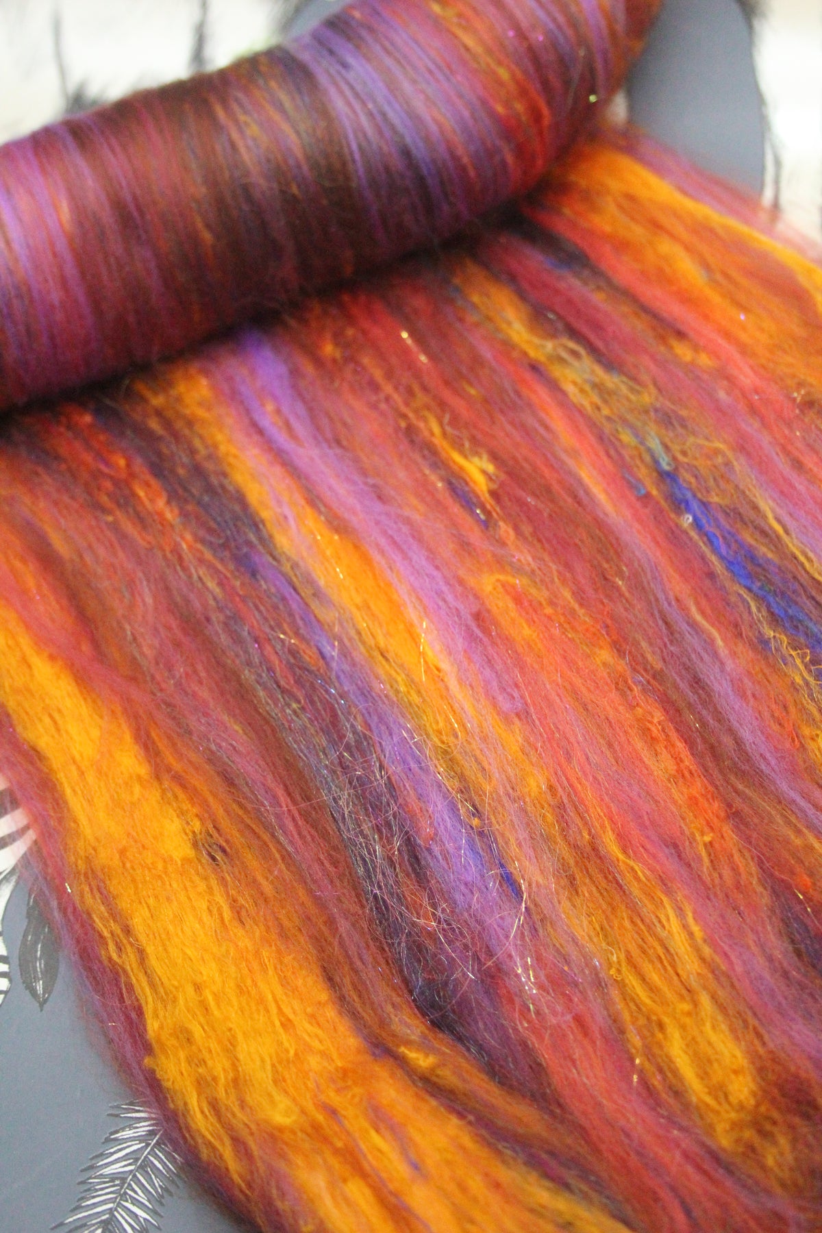 Merino Art Batt - Orange Purple Brown - 57 grams 2 oz - Wool for felting, spinning and weaving
