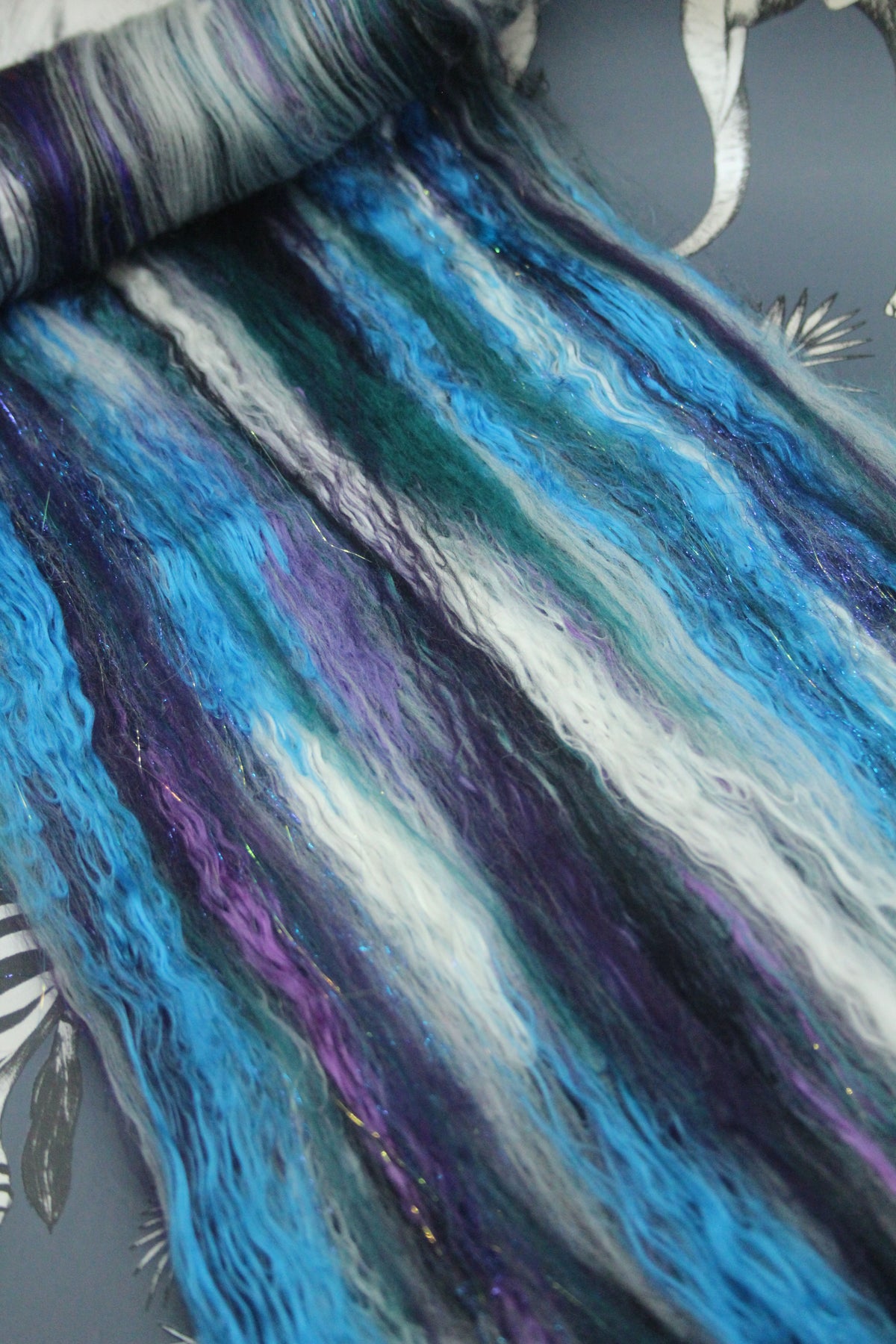Merino Art Batt - Black White Purple Green - 59 grams 2 oz - Wool for felting, spinning and weaving