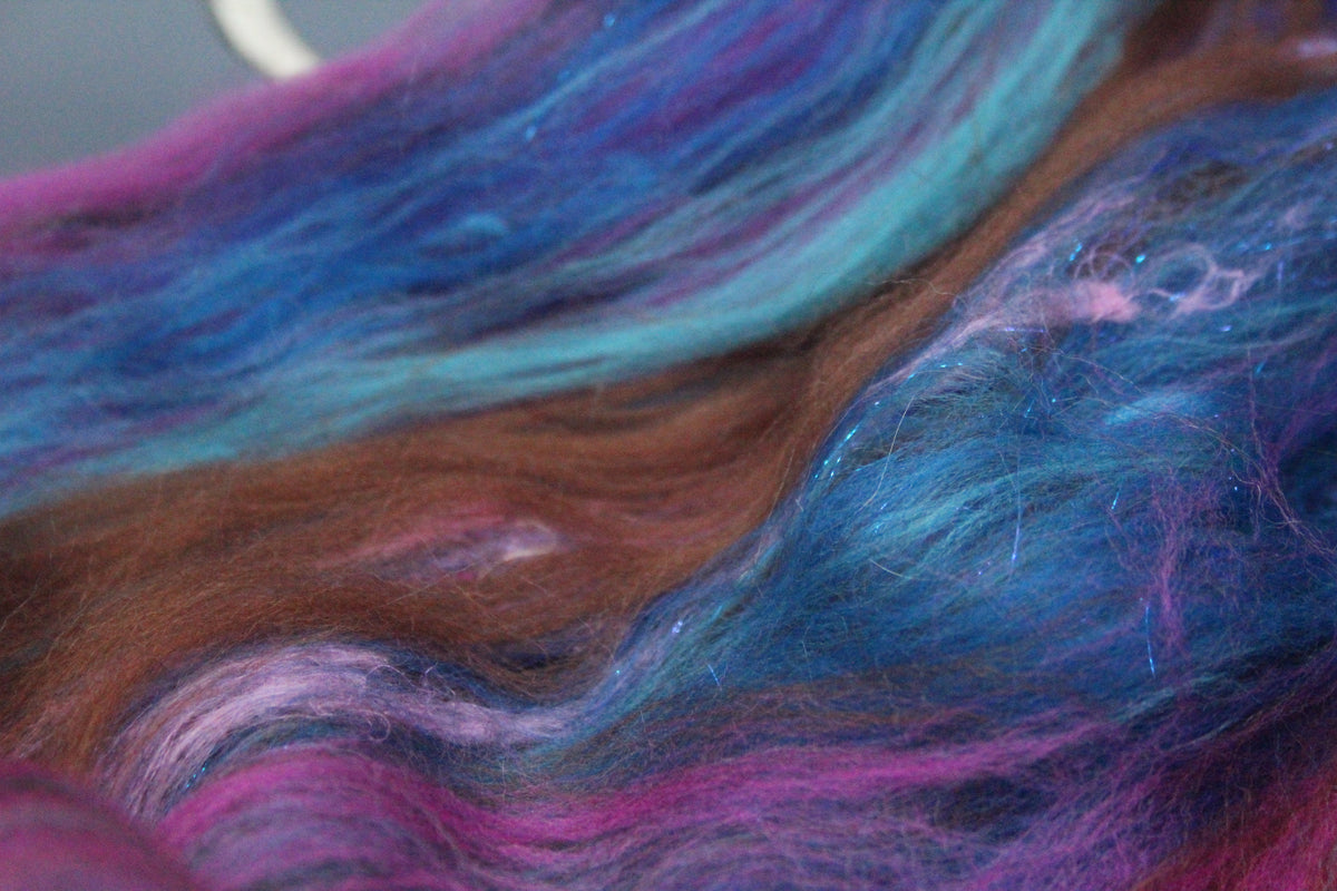 Merino Art Batt - Brown Blue Pink Purple - 68 grams 2.3 oz - Wool for felting, spinning and weaving