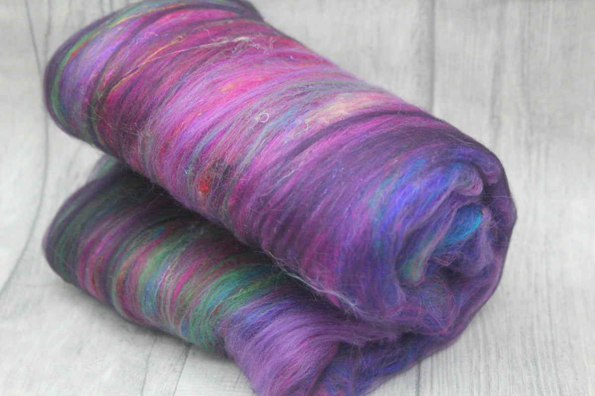Merino Art Batt - Pink Green Purple - 45 grams 1.5 oz - Wool for felting, spinning and weaving