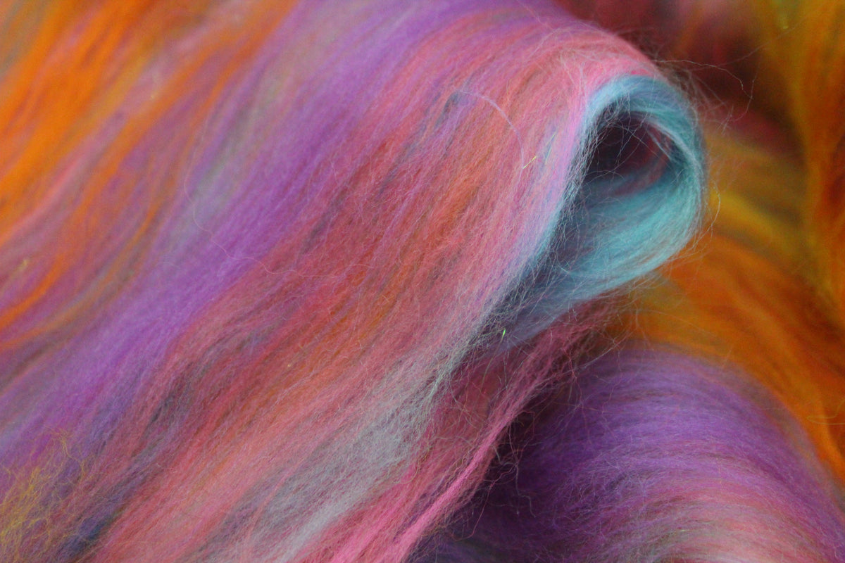 Merino Art Batt - Blue Green Pink Purple Orange Yellow - 59 grams 2 oz - Wool for felting, spinning and weaving