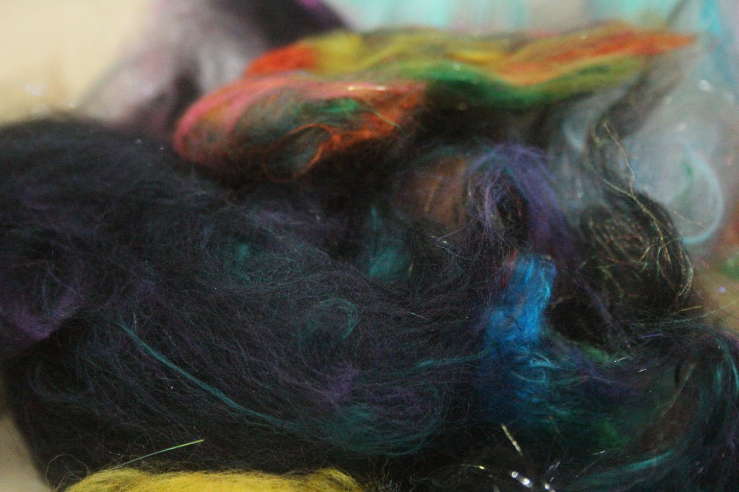 Art Batt - Orange Brown Ultraviolet Turquoise - 150 grams / 5.2 oz + 8g of locks - Wool for felting, spinning and weaving