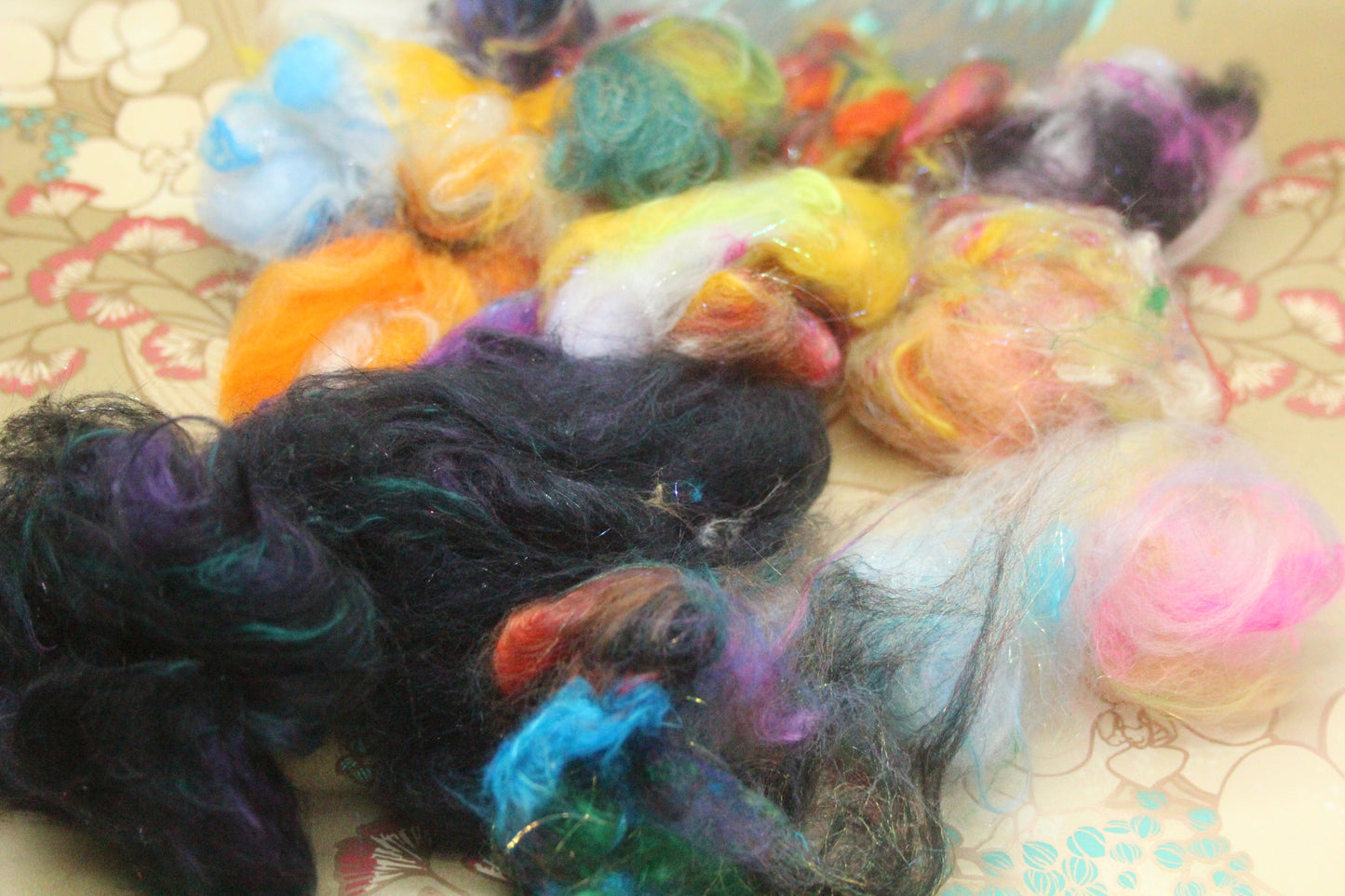 Art Batt - Orange Brown Ultraviolet Turquoise - 150 grams / 5.2 oz + 8g of locks - Wool for felting, spinning and weaving