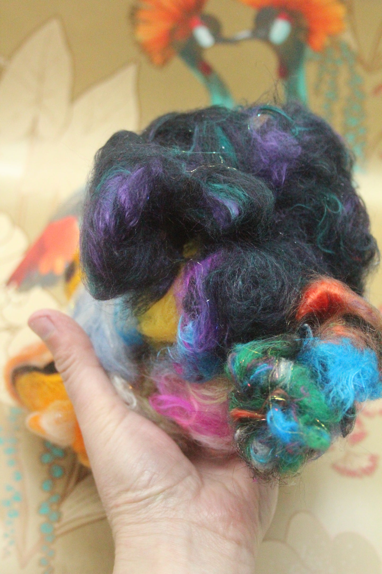 Art Batt - Orange Brown Ultraviolet Turquoise - 150 grams / 5.2 oz + 8g of locks - Wool for felting, spinning and weaving