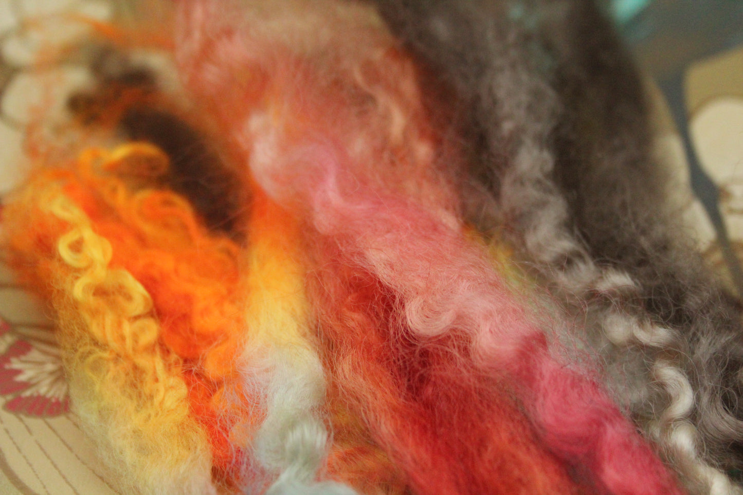 Merino Wool Blend - Orange Purple - 22 grams / 0.7 oz + 8 grams of locks - Fibre for felting, weaving or spinning