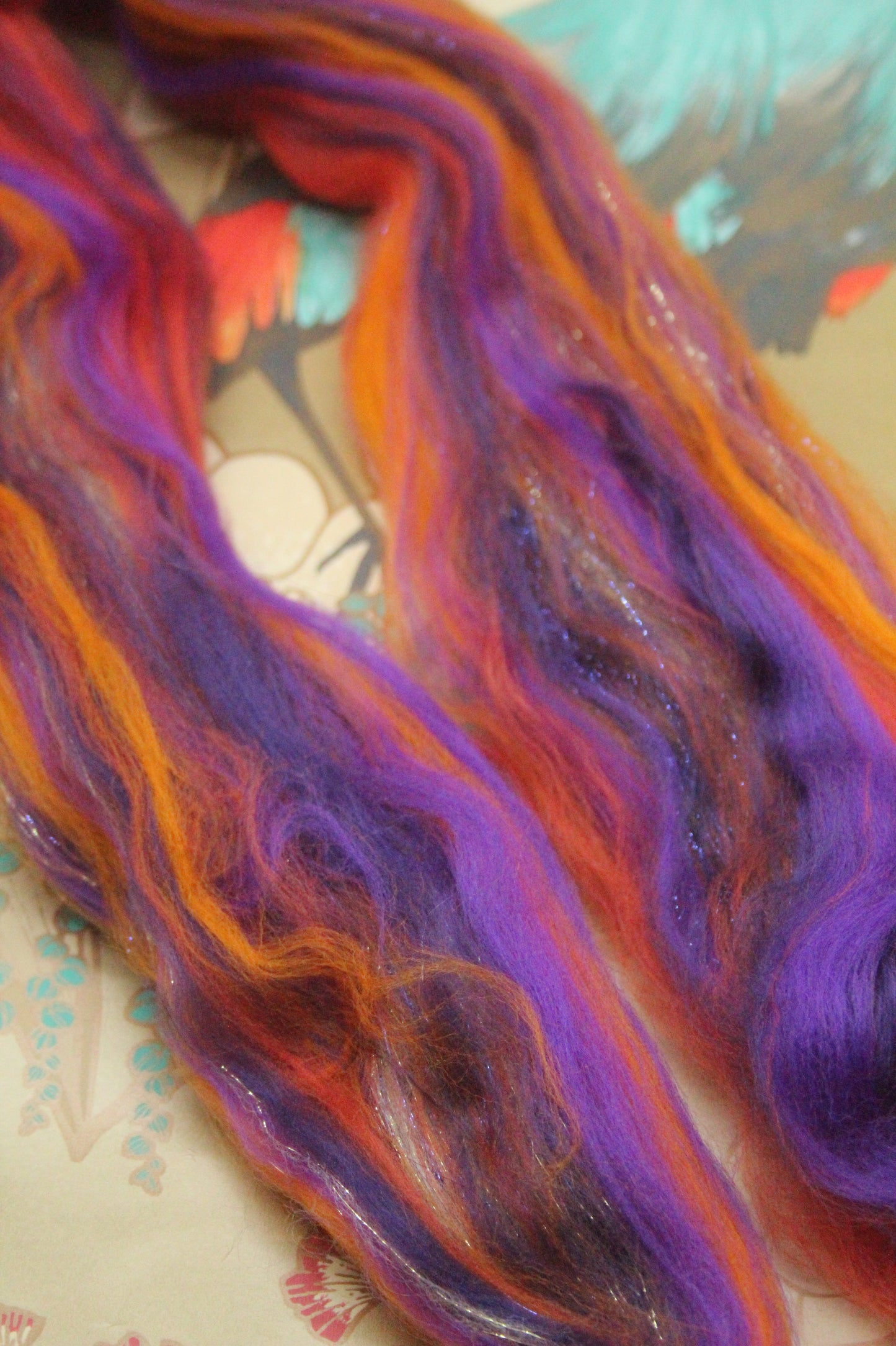 Merino Wool Blend - Orange Purple - 16 grams / 0.5 oz - Fibre for felting, weaving or spinning