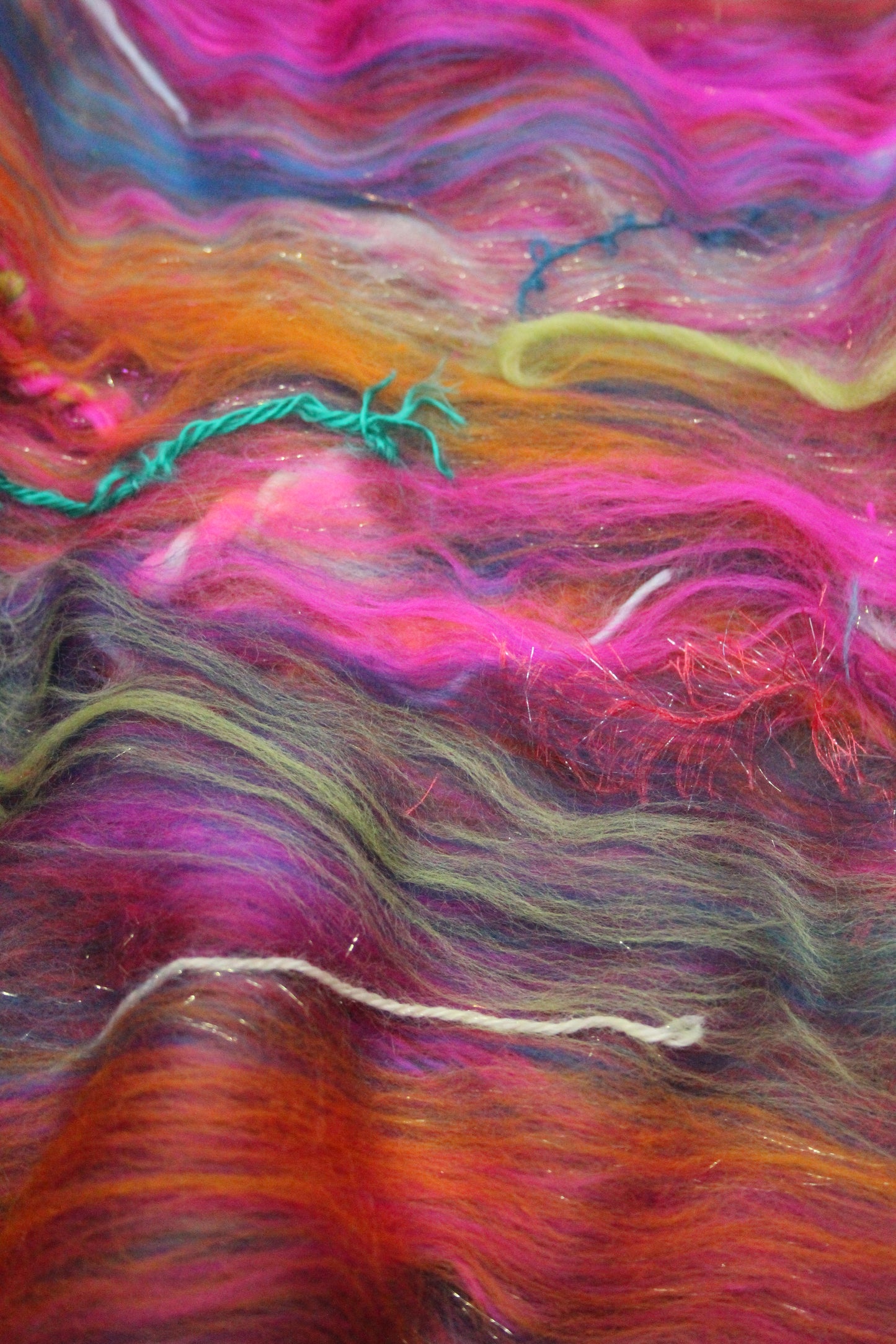 Merino Wool Blend - Red Pink Orange Blue Green + Scrap Yarns - 60 grams / 2.1 oz - Fibre for felting, spinning and weaving