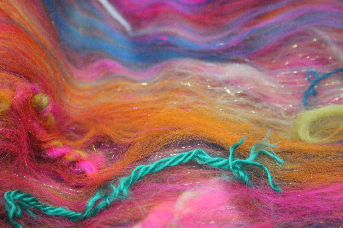 Merino Wool Blend - Red Pink Orange Blue Green + Scrap Yarns - 60 grams / 2.1 oz - Fibre for felting, spinning and weaving