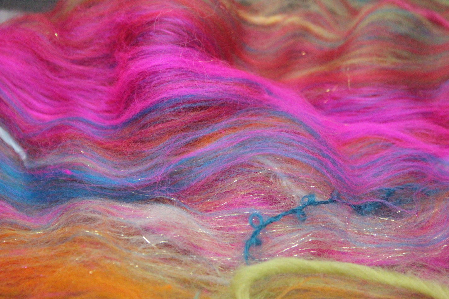 Merino Wool Blend - Red Pink Orange Blue Green + Scrap Yarns - 60 grams / 2.1 oz - Fibre for felting, spinning and weaving