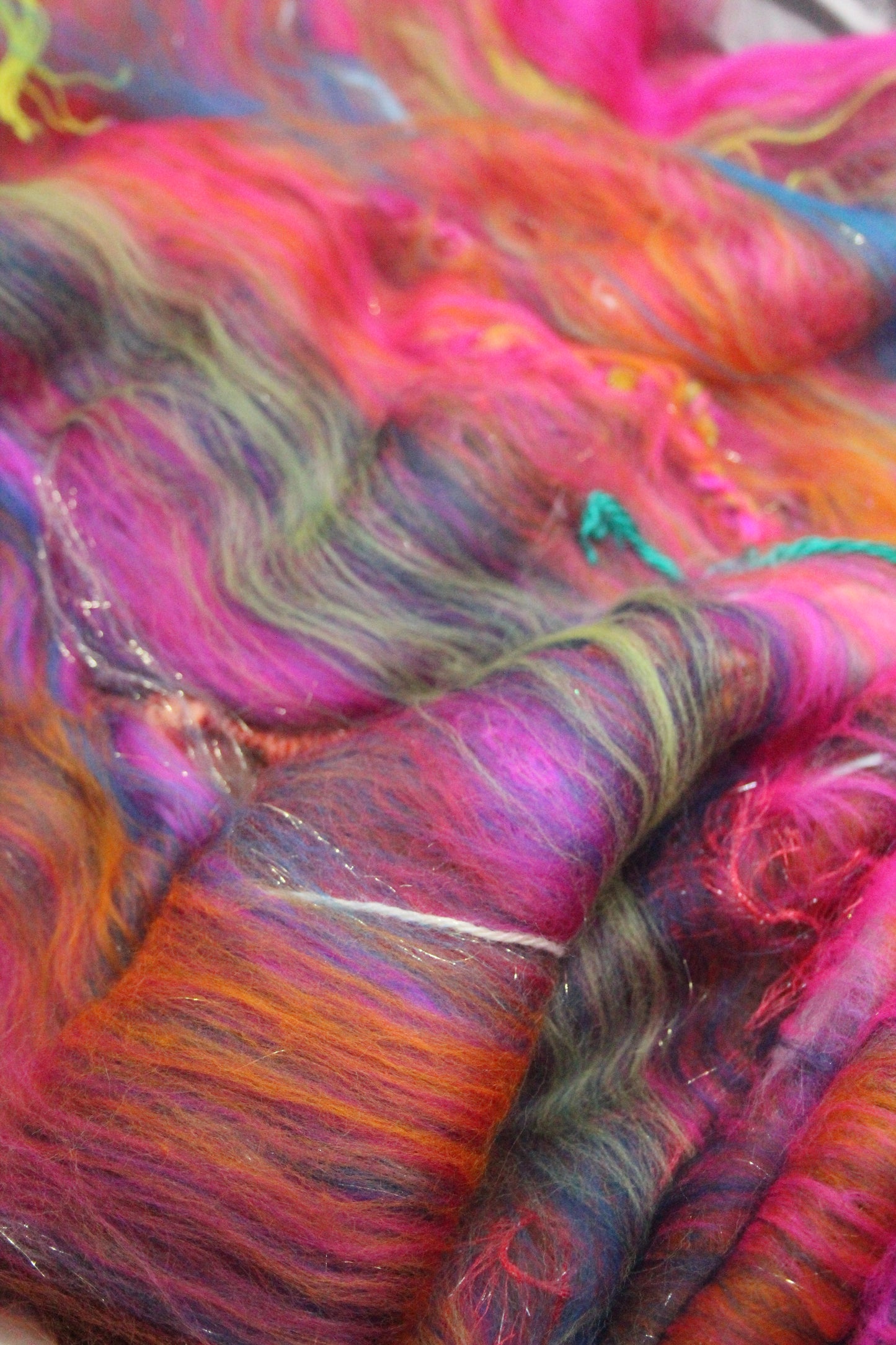 Merino Wool Blend - Red Pink Orange Blue Green + Scrap Yarns - 60 grams / 2.1 oz - Fibre for felting, spinning and weaving