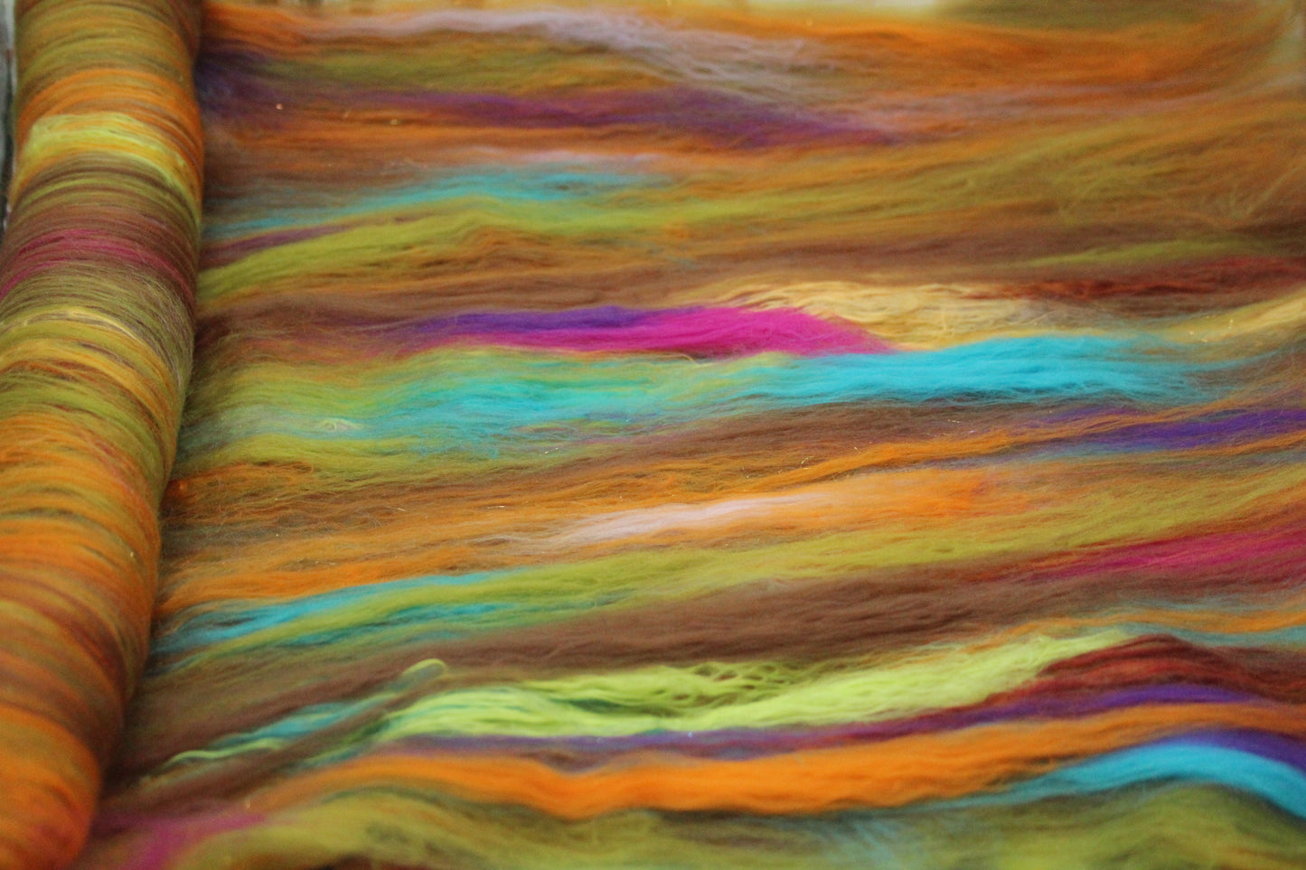 Supersoft Merino Art Batt - Green Brown Orange - 58 grams 2 oz - Wool for felting, spinning and weaving