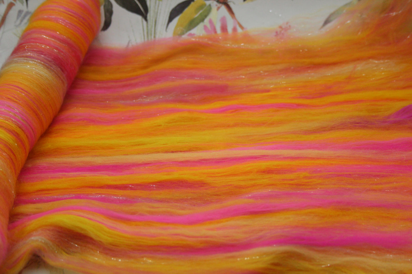 Merino Art Batt - Pink Yellow - 69 grams 2.4 oz - Wool for felting, spinning and weaving
