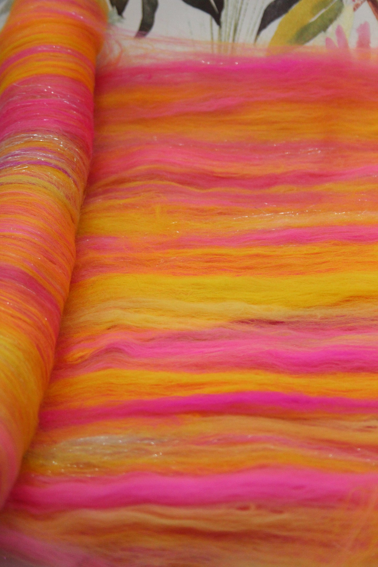 Merino Art Batt - Pink Yellow - 69 grams 2.4 oz - Wool for felting, spinning and weaving