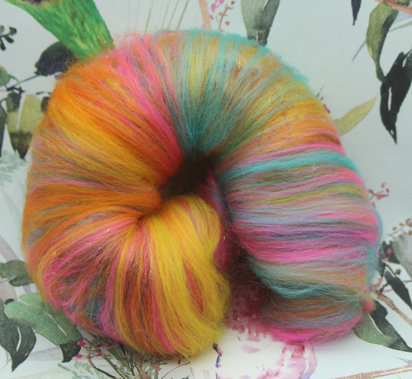 Merino Art Batt - Yellow Pink Orange Blue - 52 grams 1.8 oz - Wool for felting, spinning and weaving