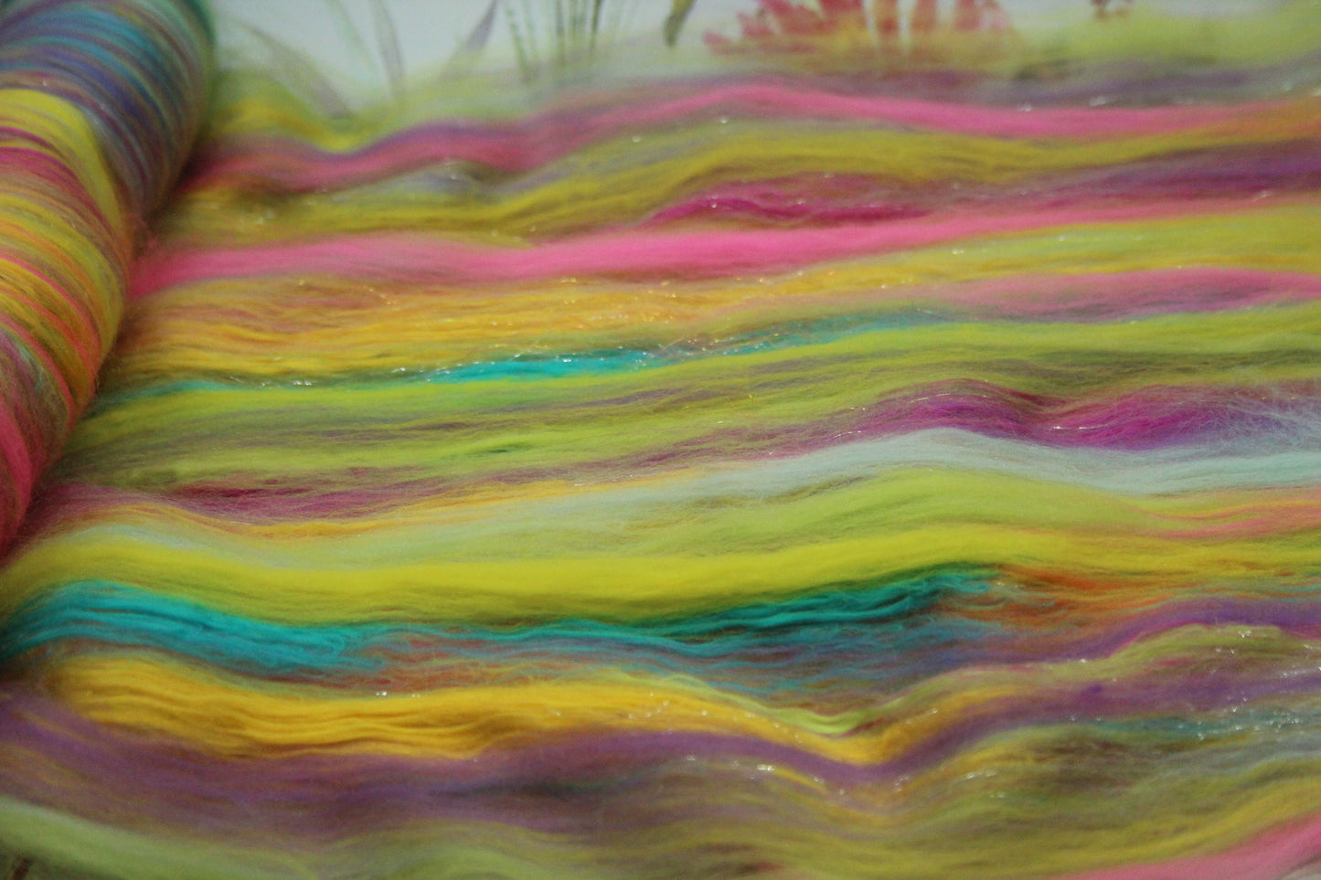 Merino Art Batt - Green Yellow Pink Orange Blue Purple - 56 grams 1.9 oz - Wool for felting, spinning and weaving