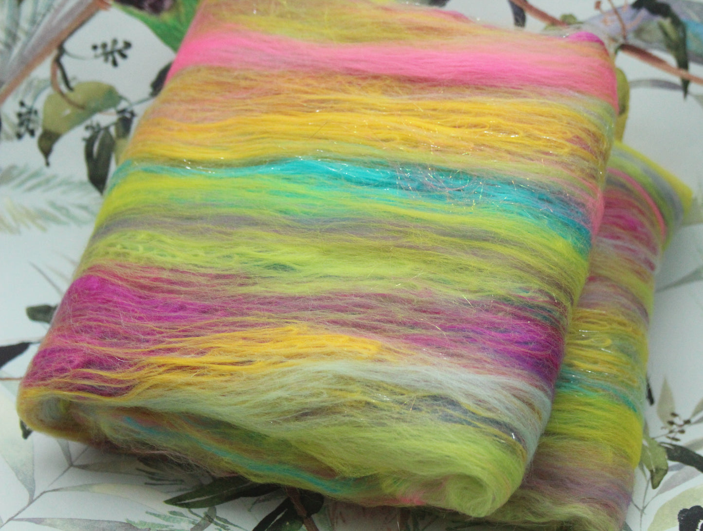 Merino Art Batt - Green Yellow Pink Orange Blue Purple - 56 grams 1.9 oz - Wool for felting, spinning and weaving