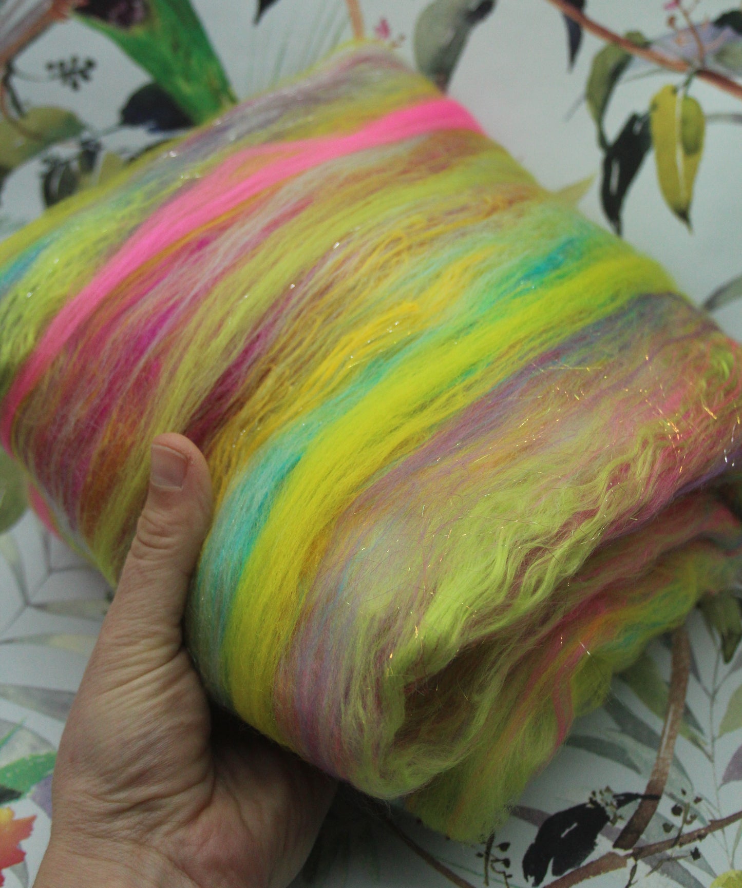 Merino Art Batt - Green Yellow Pink Orange Blue Purple - 56 grams 1.9 oz - Wool for felting, spinning and weaving