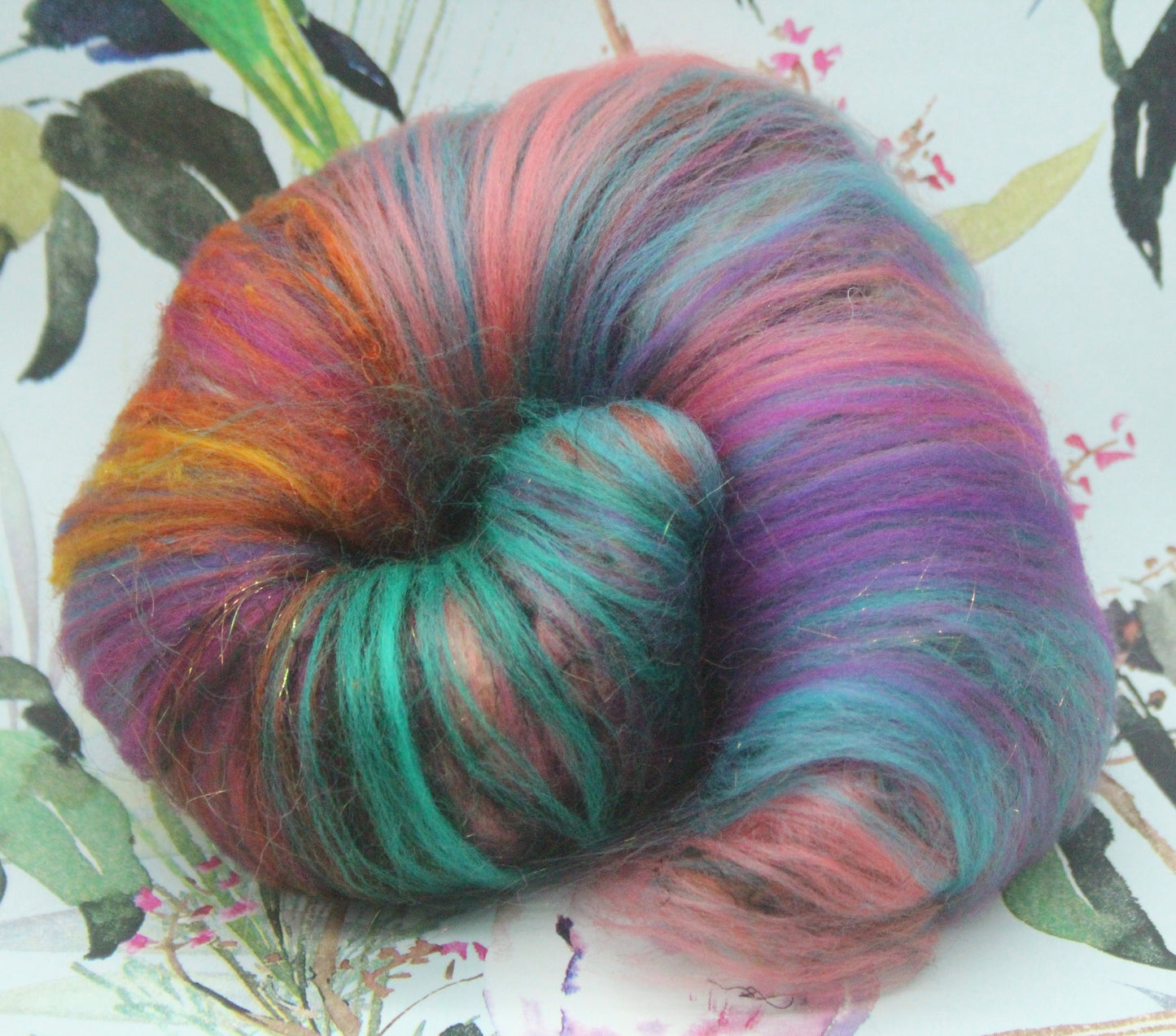 Merino Art Batt - Green Pink Brown Blue Purple - 48 grams 1.6 oz - Wool for felting, spinning and weaving