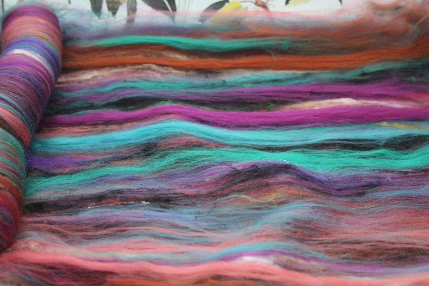 Merino Art Batt - Green Pink Brown Blue Purple - 48 grams 1.6 oz - Wool for felting, spinning and weaving
