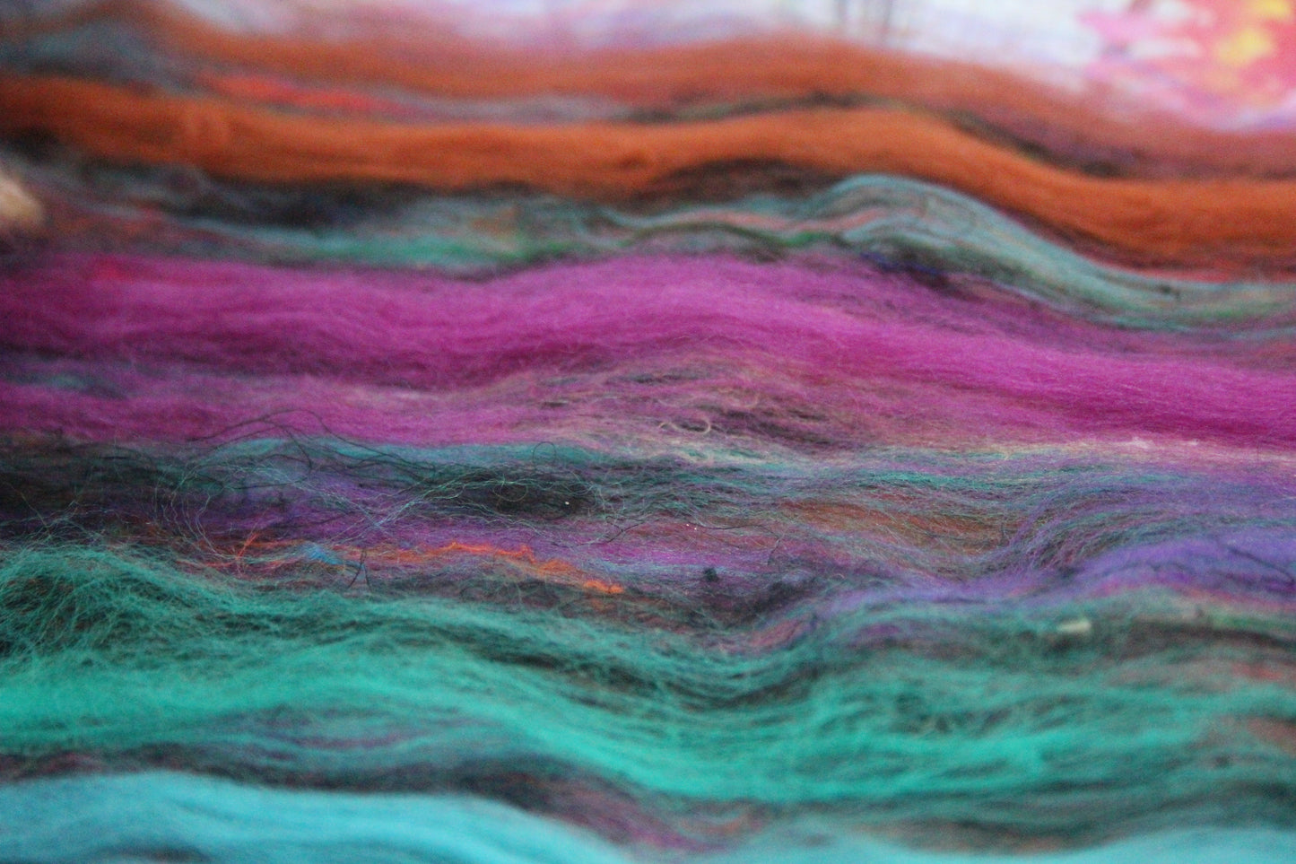 Merino Art Batt - Green Pink Brown Blue Purple - 48 grams 1.6 oz - Wool for felting, spinning and weaving