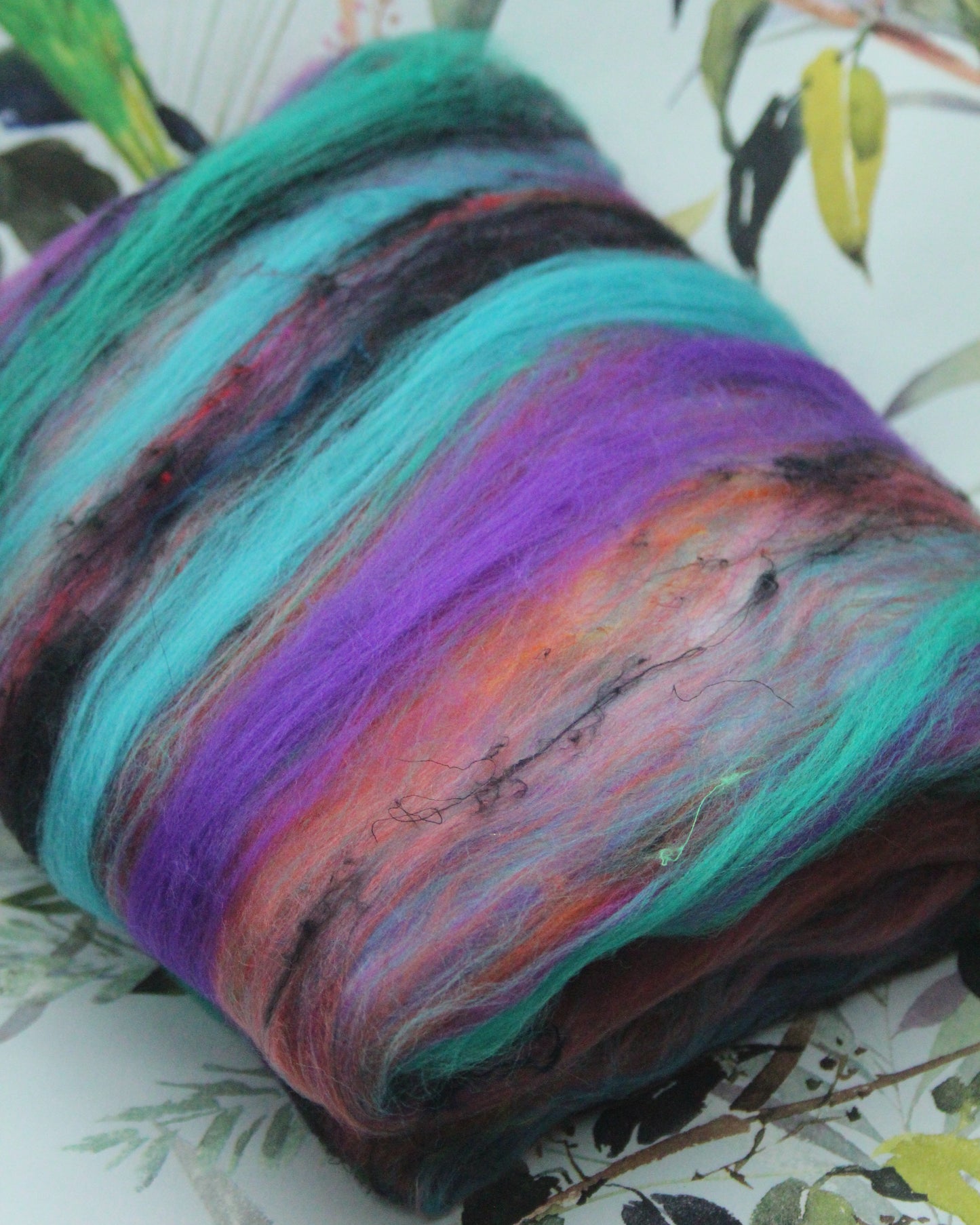 Merino Art Batt - Green Pink Brown Blue Purple - 48 grams 1.6 oz - Wool for felting, spinning and weaving