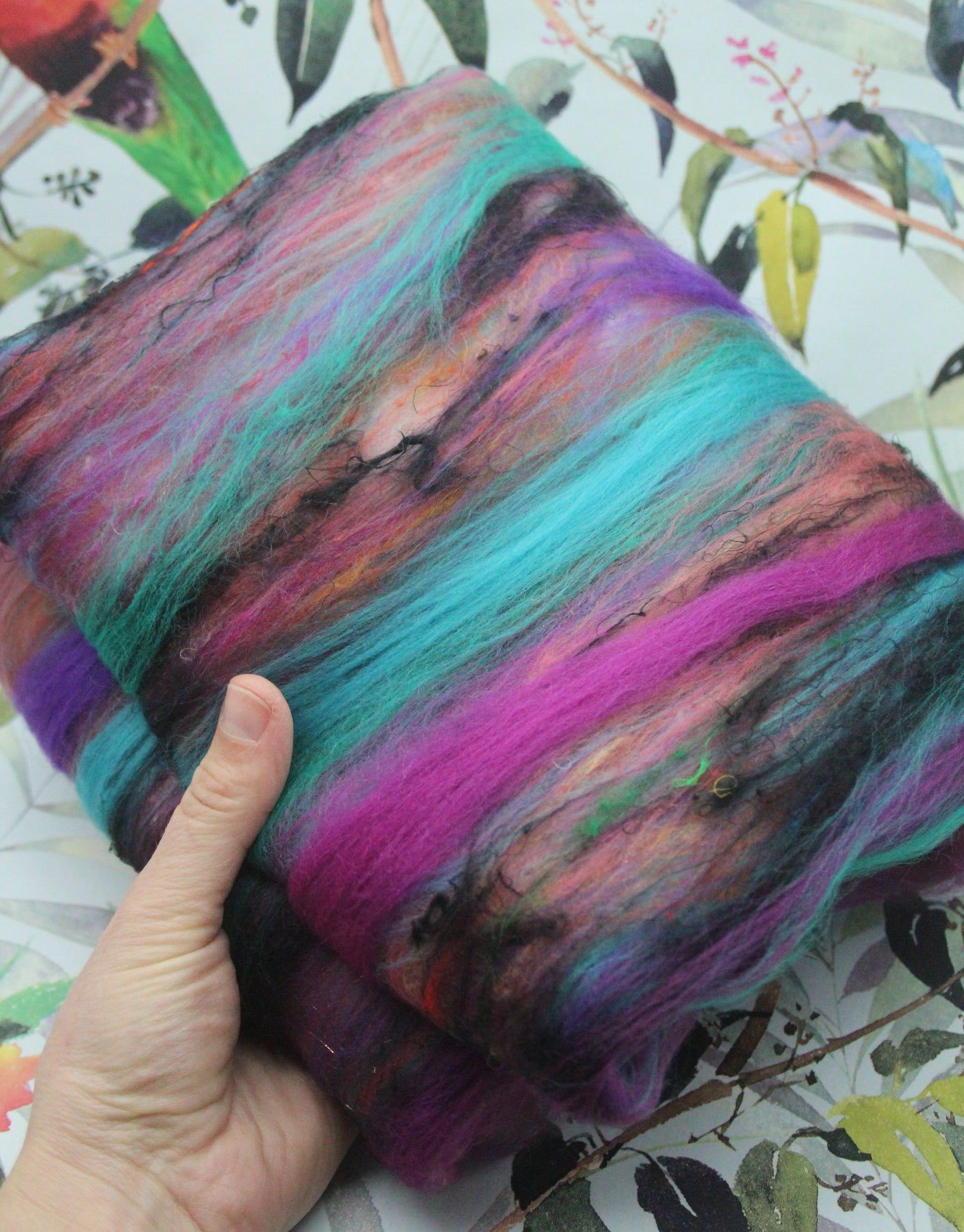 Merino Art Batt - Green Pink Brown Blue Purple - 48 grams 1.6 oz - Wool for felting, spinning and weaving