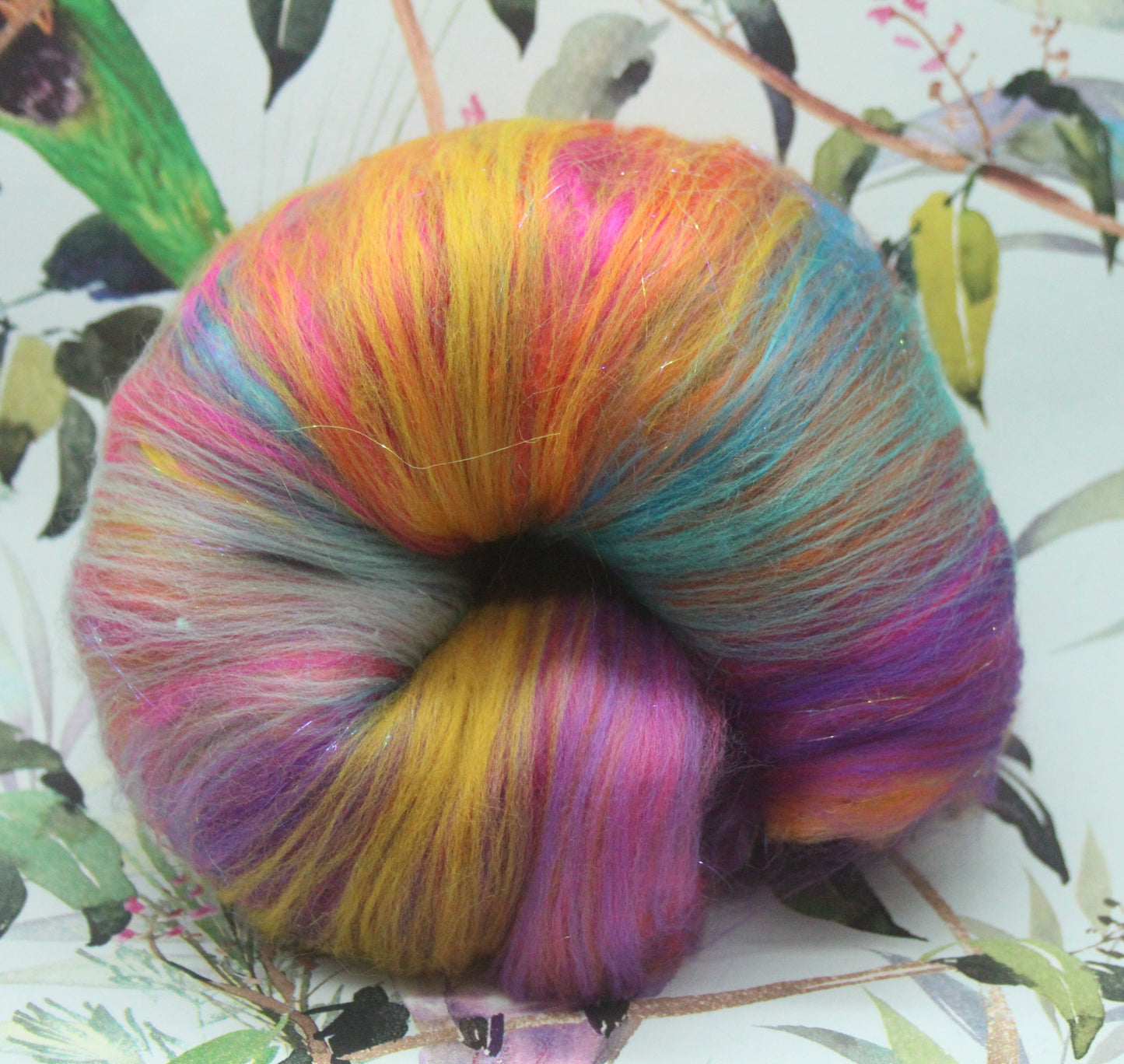 Merino Art Batt - Pink Yellow Purple Blue Orange - 85 grams 2.9 oz - Wool for felting, spinning and weaving