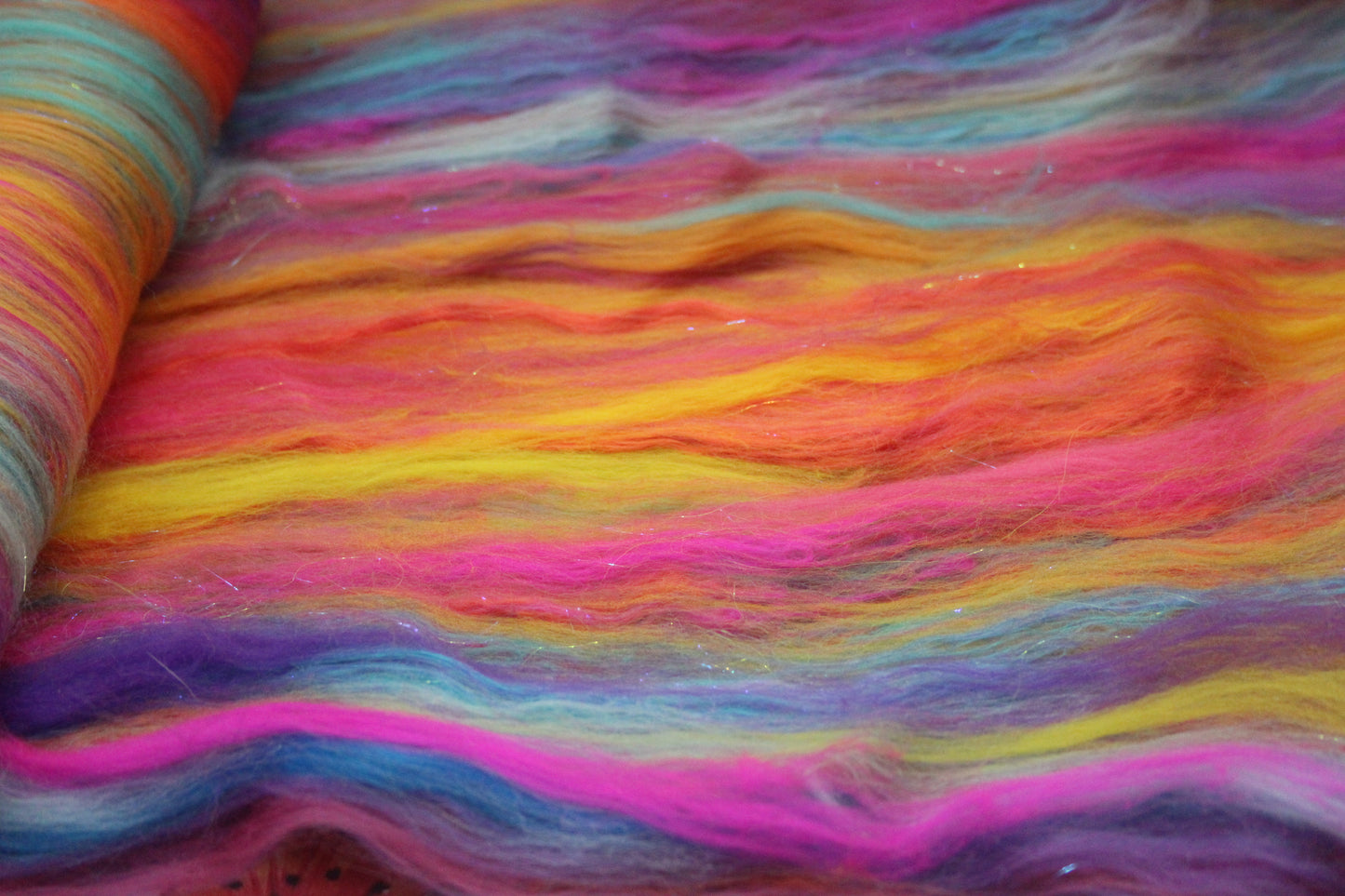Merino Art Batt - Pink Yellow Purple Blue Orange - 85 grams 2.9 oz - Wool for felting, spinning and weaving