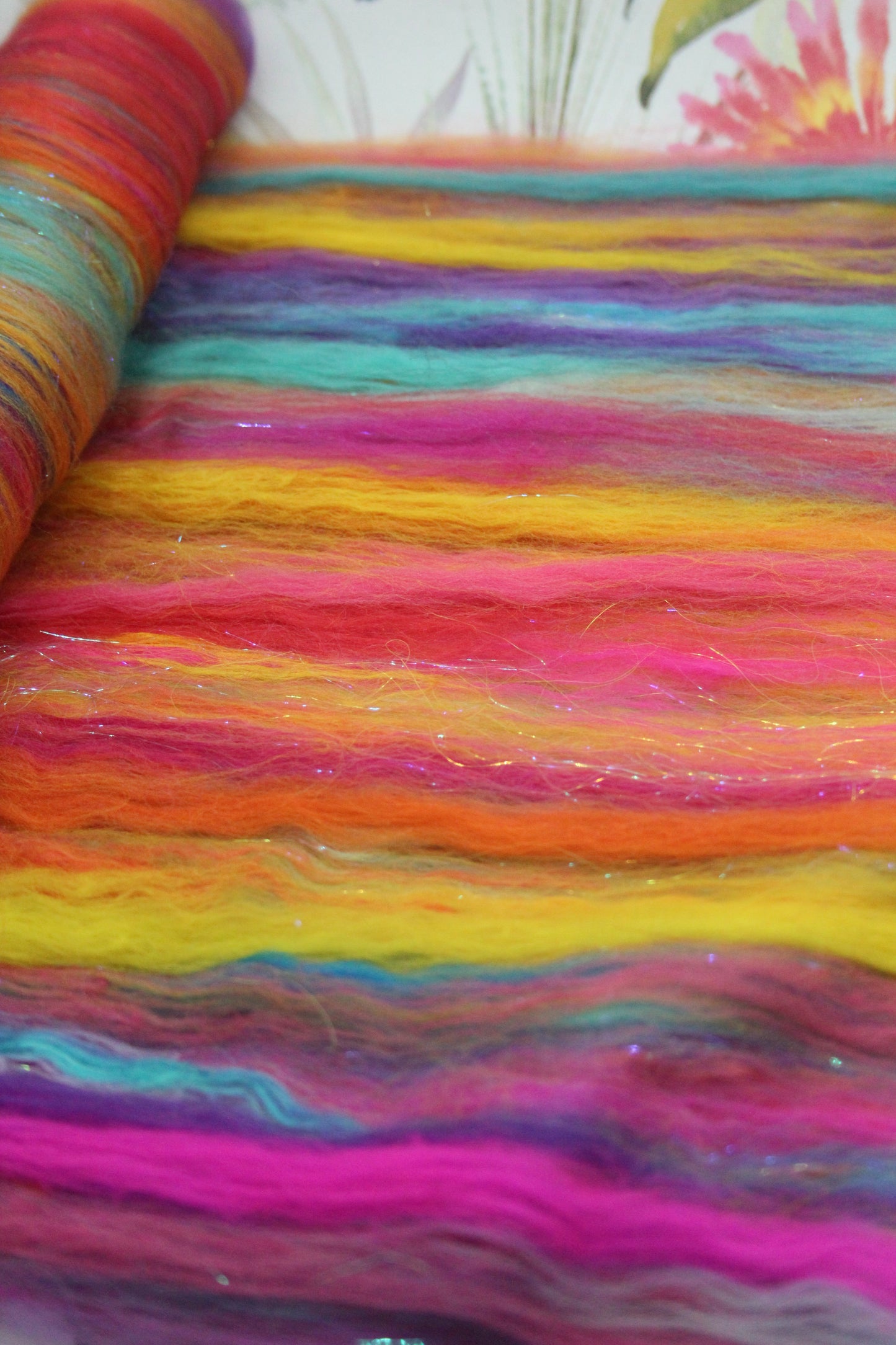 Merino Art Batt - Pink Yellow Purple Blue Orange - 85 grams 2.9 oz - Wool for felting, spinning and weaving