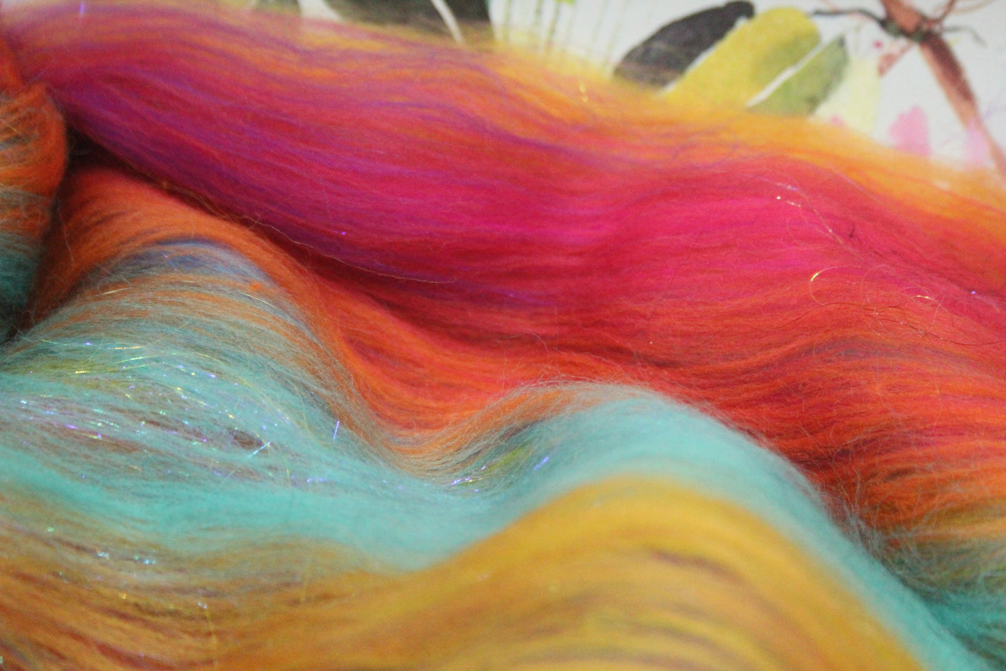 Merino Art Batt - Pink Yellow Purple Blue Orange - 85 grams 2.9 oz - Wool for felting, spinning and weaving