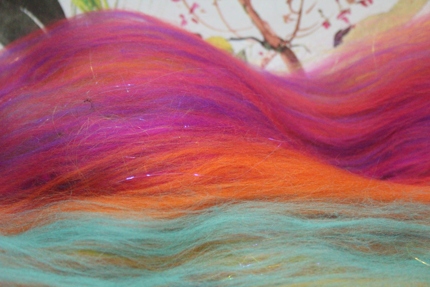 Merino Art Batt - Pink Yellow Purple Blue Orange - 85 grams 2.9 oz - Wool for felting, spinning and weaving