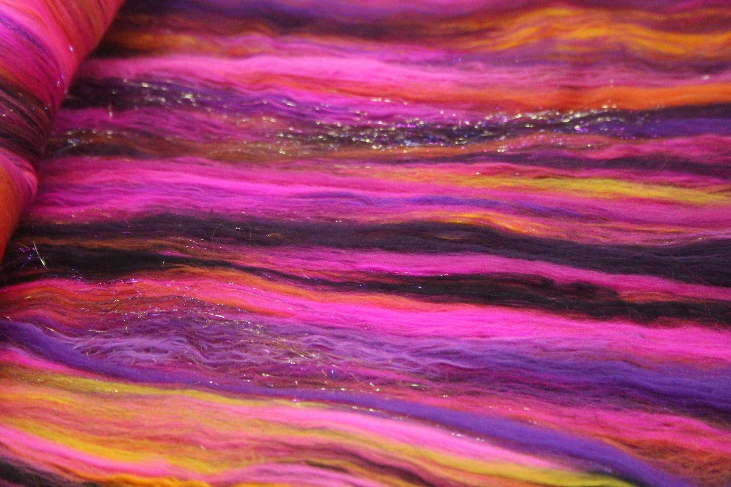 Merino Art Batt - Pink Yellow Purple Orange - 88 grams 3.1 oz - Wool for felting, spinning and weaving