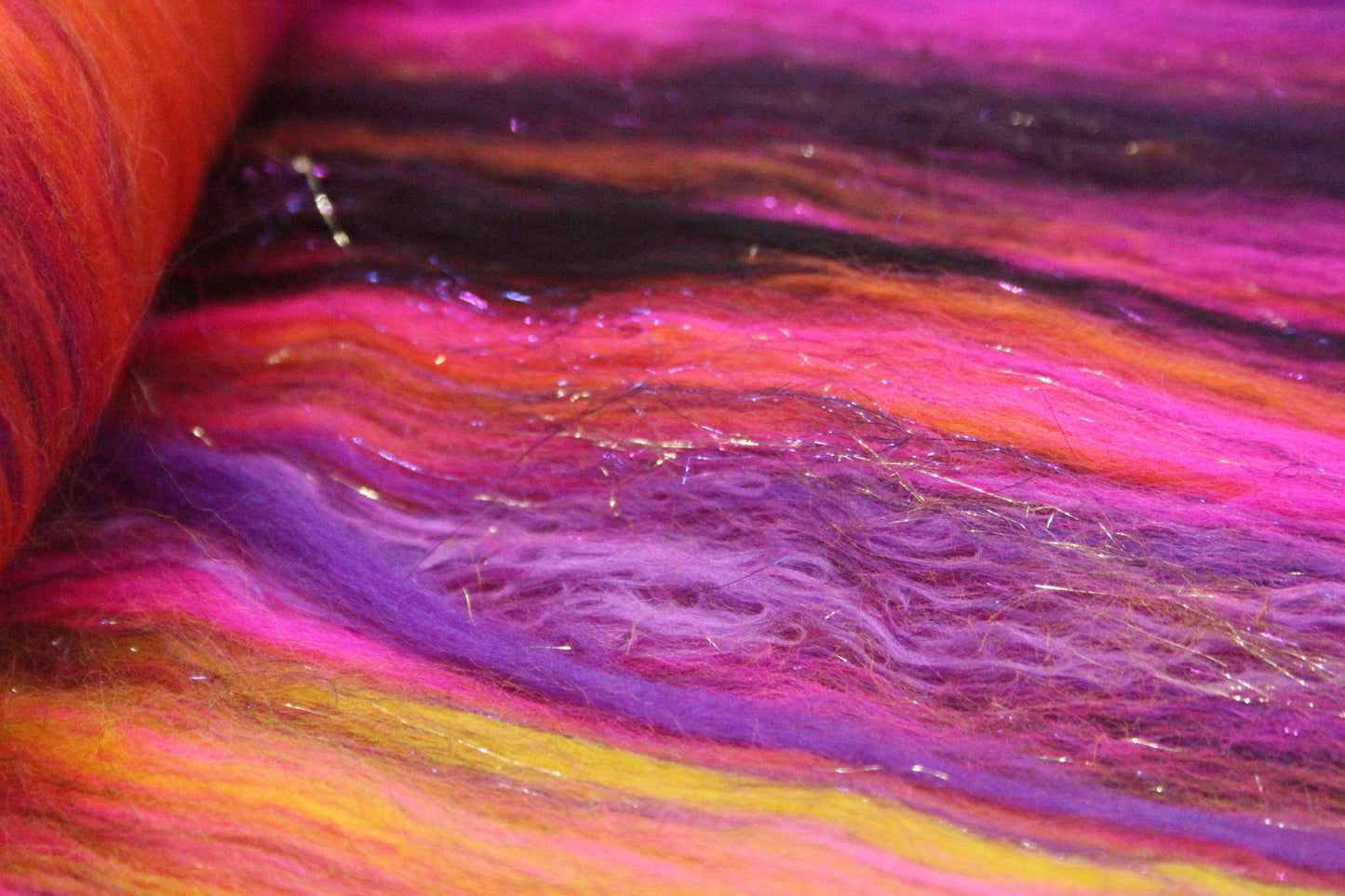 Merino Art Batt - Pink Yellow Purple Orange - 88 grams 3.1 oz - Wool for felting, spinning and weaving