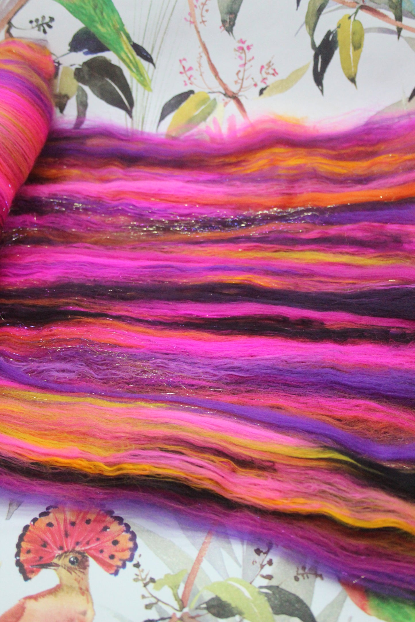 Merino Art Batt - Pink Yellow Purple Orange - 88 grams 3.1 oz - Wool for felting, spinning and weaving