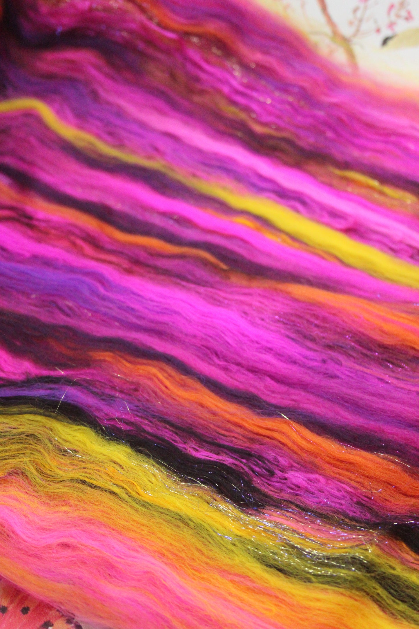 Merino Art Batt - Pink Yellow Purple Orange - 88 grams 3.1 oz - Wool for felting, spinning and weaving