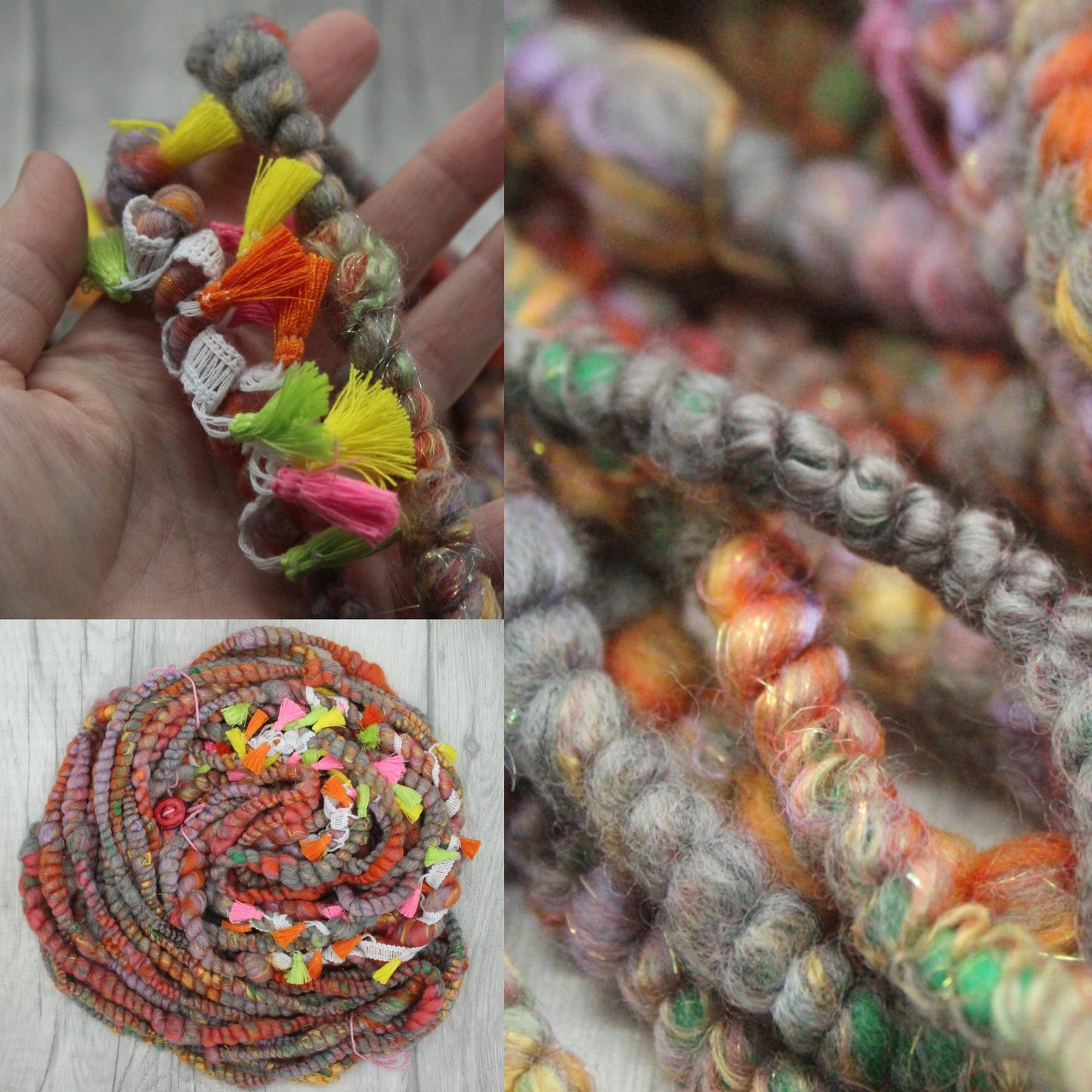 Handspun Yarn - Orange Grey Green - With Tassels - 11mtrs / 13yards 152g / 5oz - Yarn for crocheting. knitting, weaving...