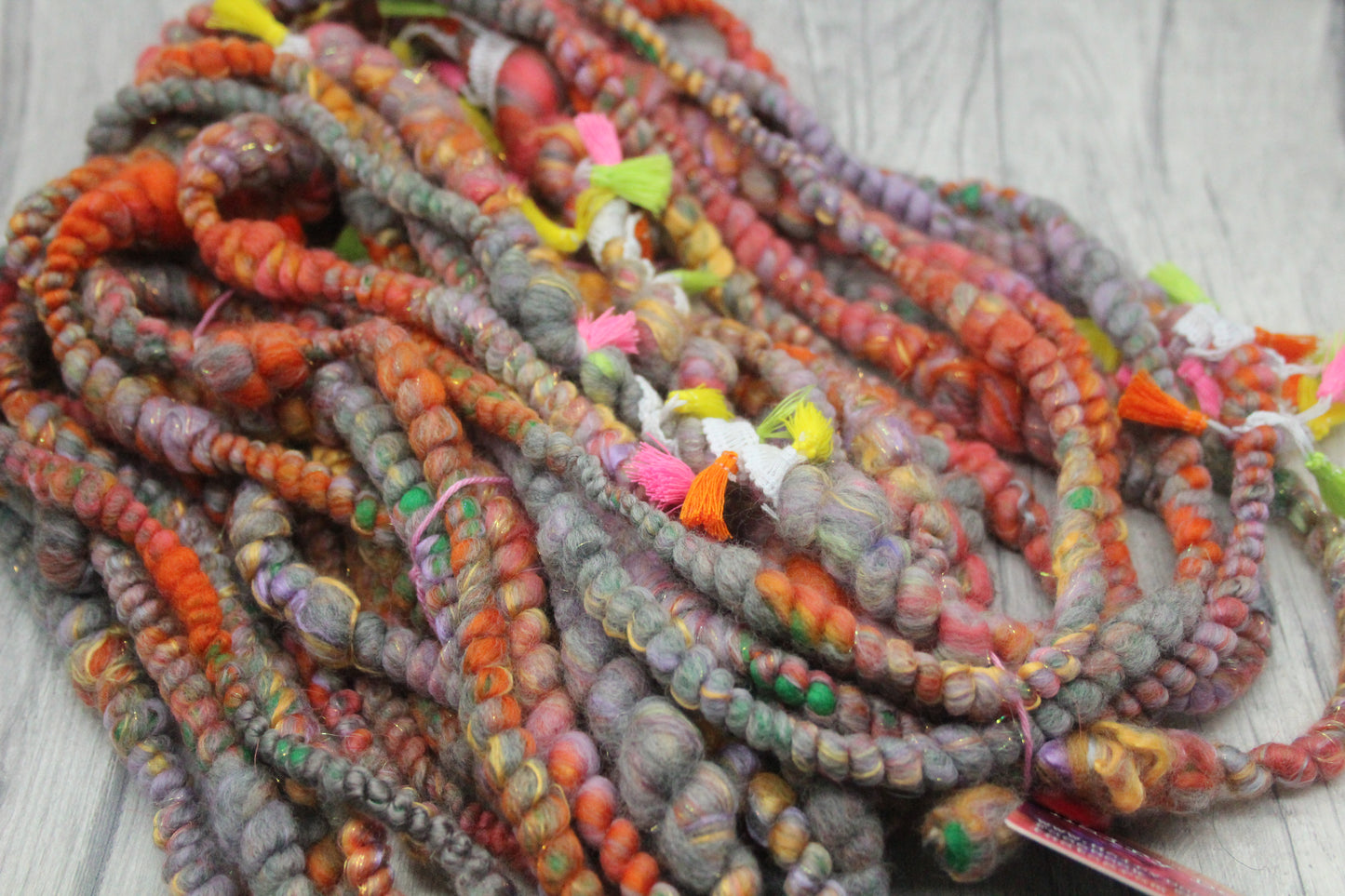 Handspun Yarn - Orange Grey Green - With Tassels - 11mtrs / 13yards 152g / 5oz - Yarn for crocheting. knitting, weaving...