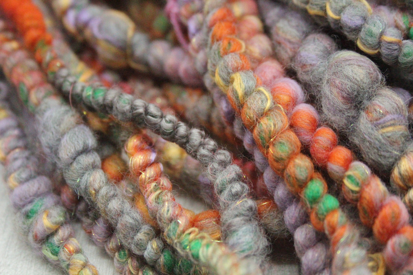 Handspun Yarn - Orange Grey Green - With Tassels - 11mtrs / 13yards 152g / 5oz - Yarn for crocheting. knitting, weaving...