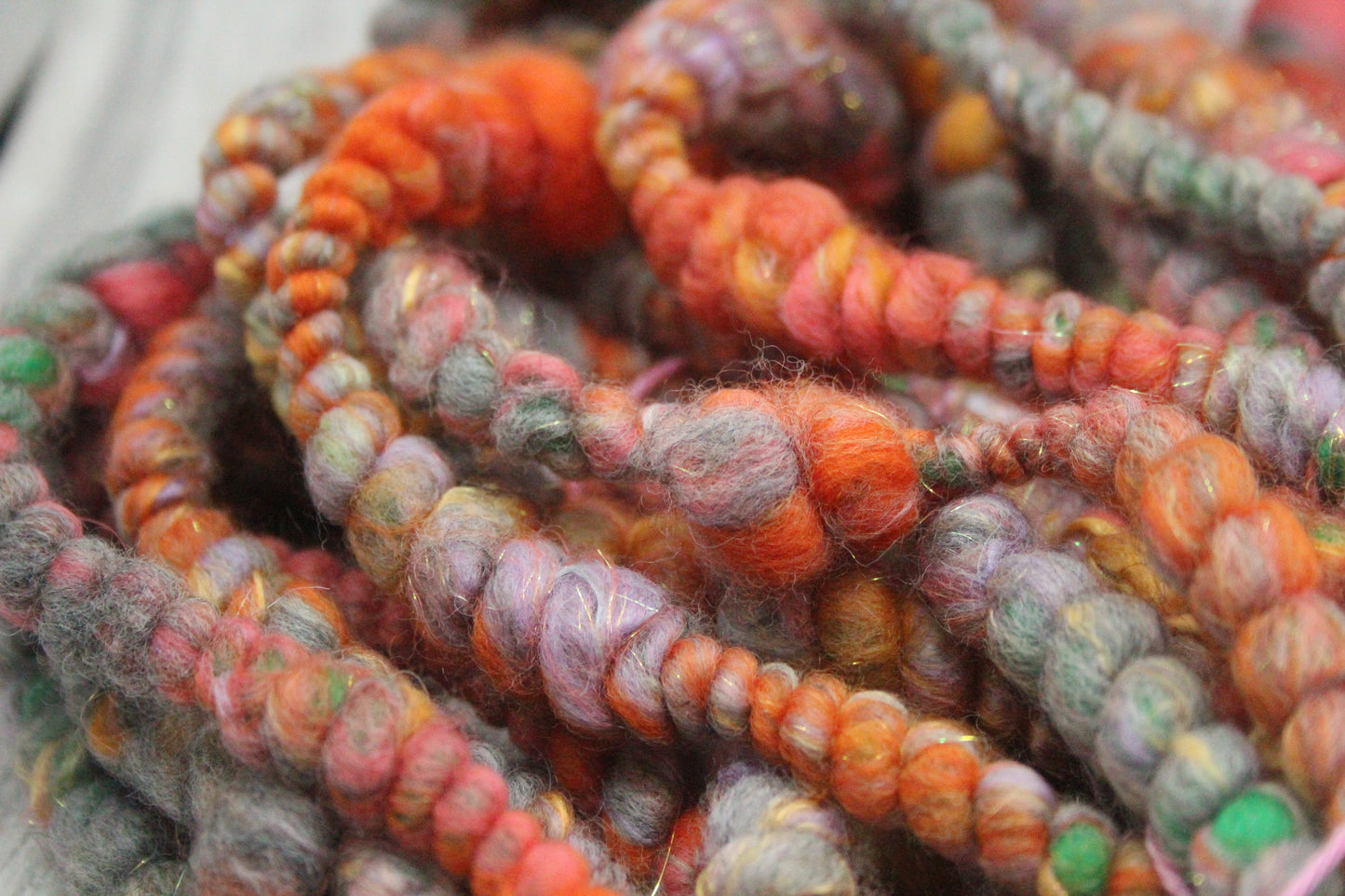 Handspun Yarn - Orange Grey Green - With Tassels - 11mtrs / 13yards 152g / 5oz - Yarn for crocheting. knitting, weaving...