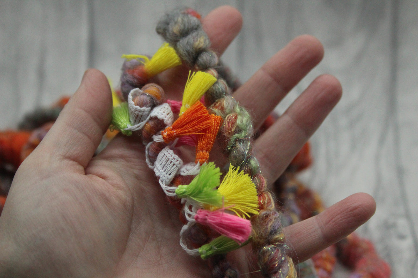 Handspun Yarn - Orange Grey Green - With Tassels - 11mtrs / 13yards 152g / 5oz - Yarn for crocheting. knitting, weaving...