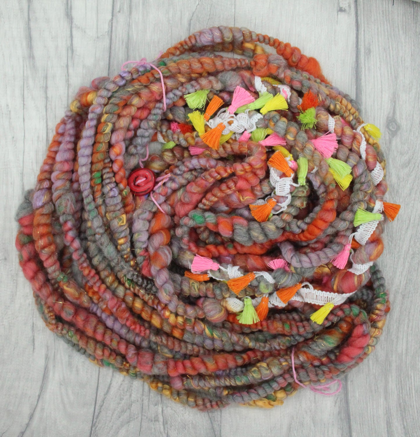 Handspun Yarn - Orange Grey Green - With Tassels - 11mtrs / 13yards 152g / 5oz - Yarn for crocheting. knitting, weaving...