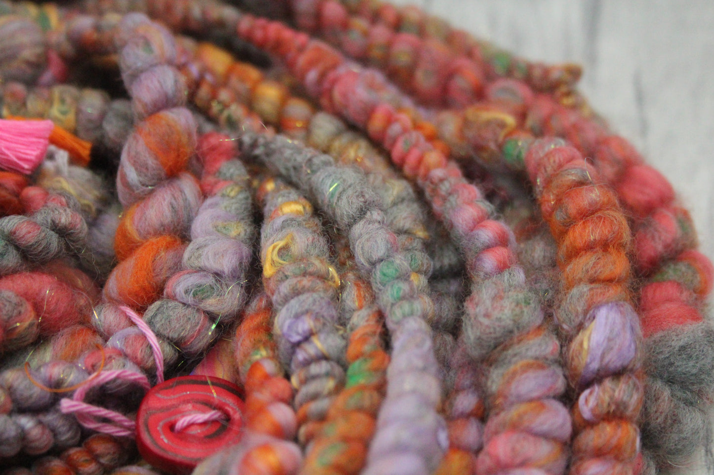 Handspun Yarn - Orange Grey Green - With Tassels - 11mtrs / 13yards 152g / 5oz - Yarn for crocheting. knitting, weaving...