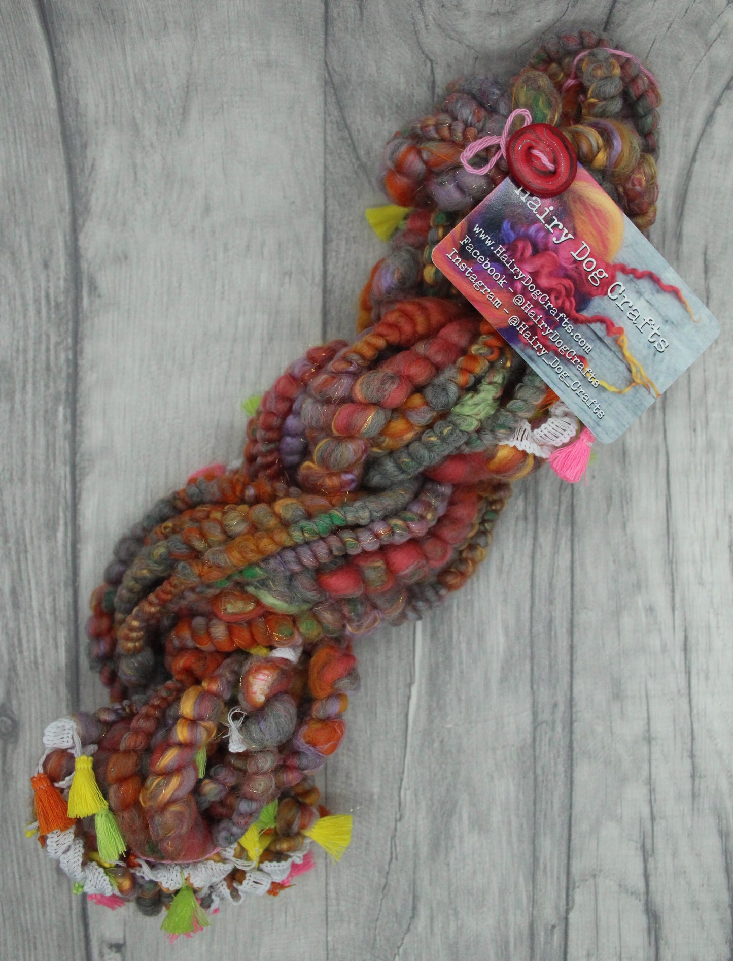 Handspun Yarn - Orange Grey Green - With Tassels - 11mtrs / 13yards 152g / 5oz - Yarn for crocheting. knitting, weaving...