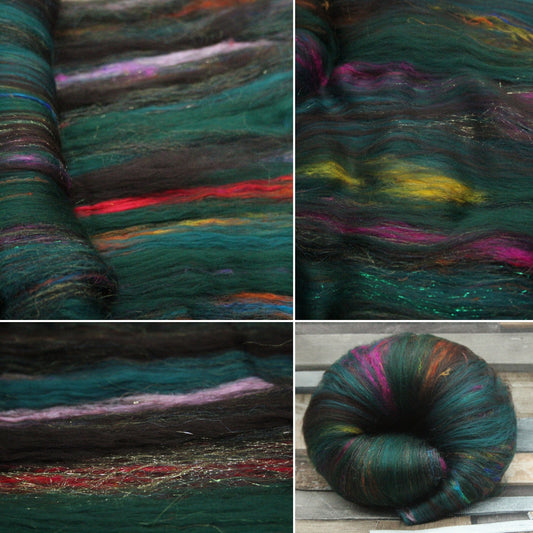 Merino Art Batt  -  Green Brown Black -  153 grams 5.3 oz - Wool for felting, spinning and weaving