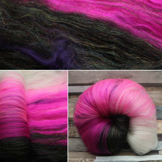 Merino Art Batt  -  White Pink Black - Sideways Colour Change - 142 grams 5 oz - Wool for felting, spinning and weaving