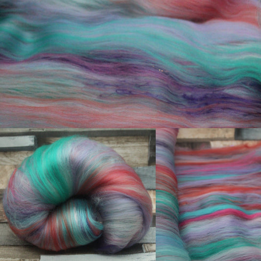 Art Batt  - Pink Orange Purple Turquoise - 123 grams 4.3 oz - Wool for felting, spinning and weaving