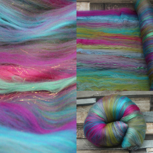 Supersoft Art Batt  - Purple Green Blue Pink - 111 grams 3.9 oz - Wool for felting, spinning and weaving