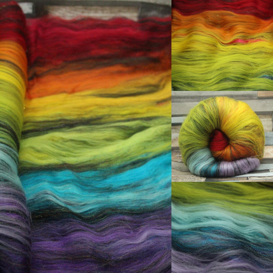 Art Batt  - Rainbow Black - Sideways Colour Change  - 153 grams 5.3 oz - Wool for felting, spinning and weaving