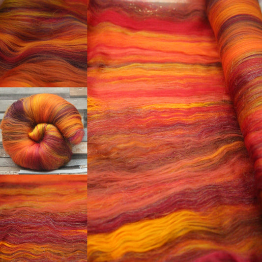Art Batt  - Red Orange Brown  - 152 grams 5.3 oz - Wool for felting, spinning and weaving