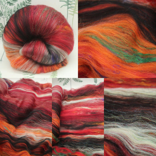 Merino Art Batt  - Red Orange Black - 90 grams 3.1 oz - Wool for felting, spinning and weaving